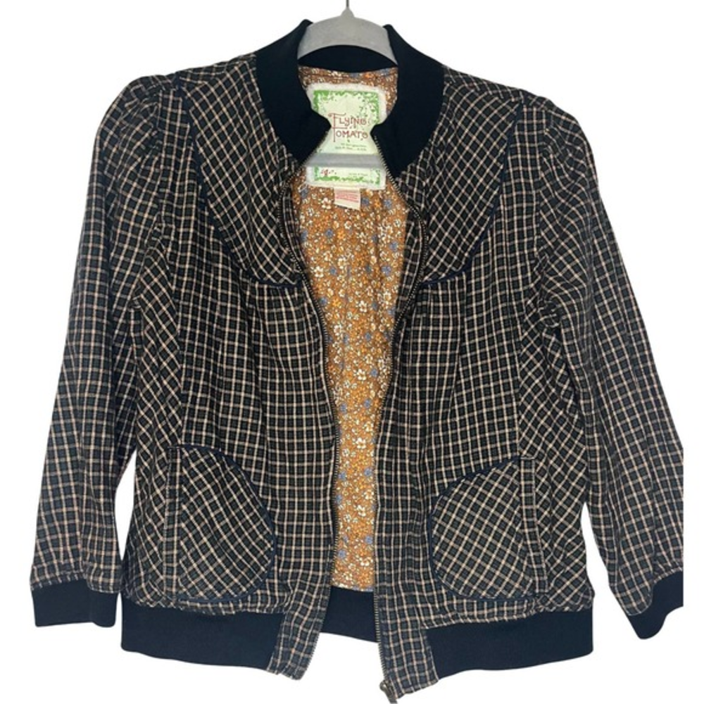 Flying Tomato Plaid 3/4 cropped plaid bomber jacket. OS (large- see description)